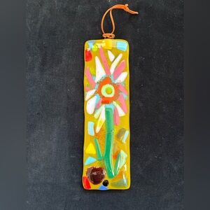 “Pink Flower On Olive Gn “Fused Art Glass  Handmade HangingPlaque 10”x3”Original